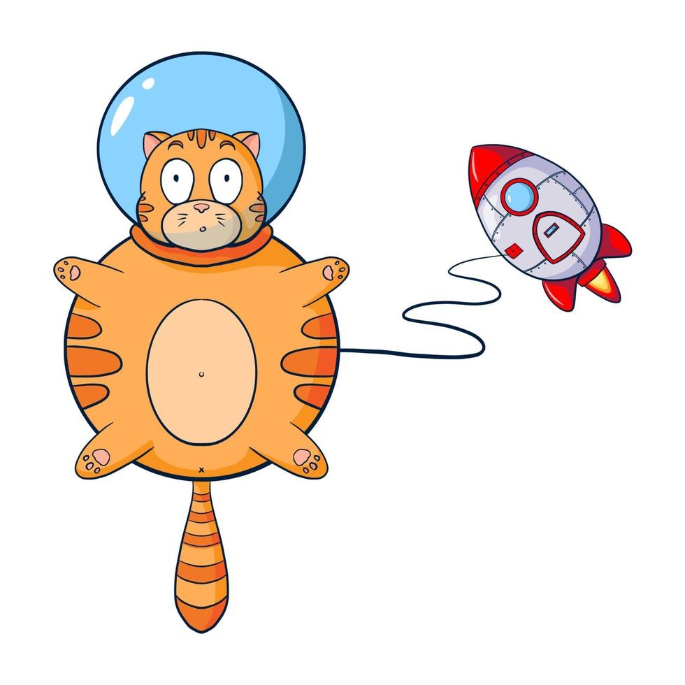 gatto astronauta che vola con illustrazione di cartone animato razzo vettore