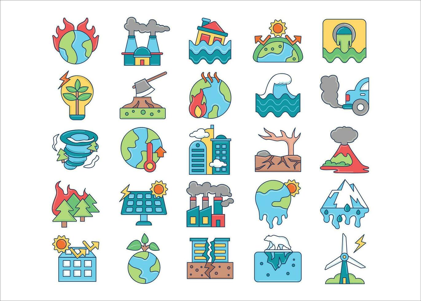 globale riscaldamento colorato schema icona collezione, mondo naturale disastro vettore illustrazione impostato