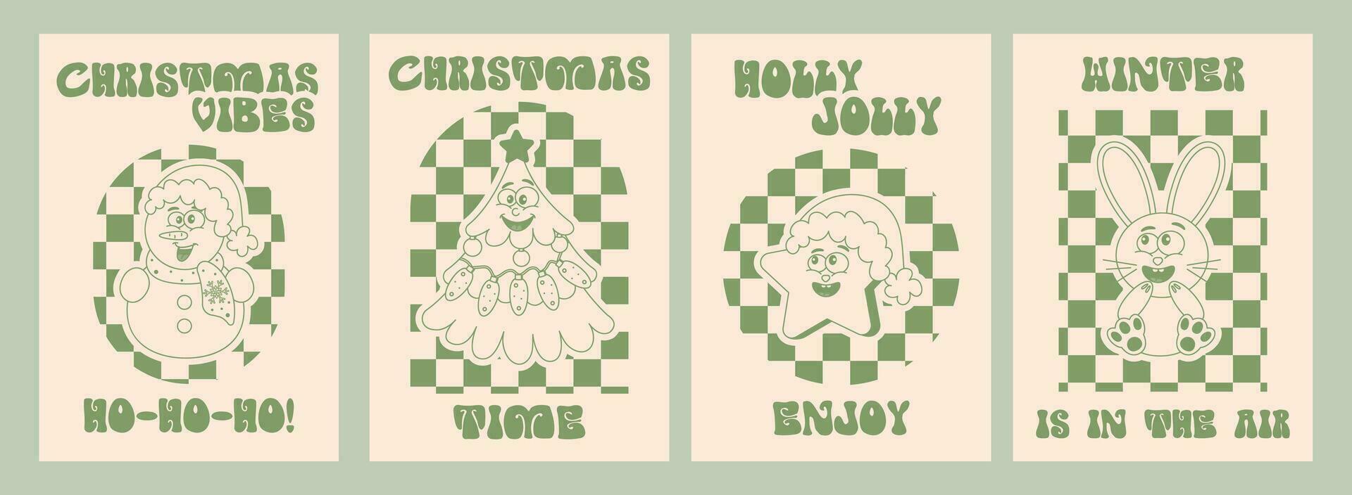 divertente Natale retrò cartone animato personaggio nel anni '70, anni 80 stile. manifesti con portafortuna pupazzo di neve, stella, Natale albero, lepre. vettore illustrazione.