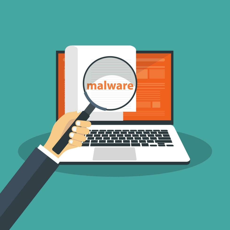 documento con il malware nel il computer portatile. concetto di virus, pirateria, pirateria e sicurezza. sito web bandiera di e-mail protezione, anti-malware Software. piatto vettore illustrazione.