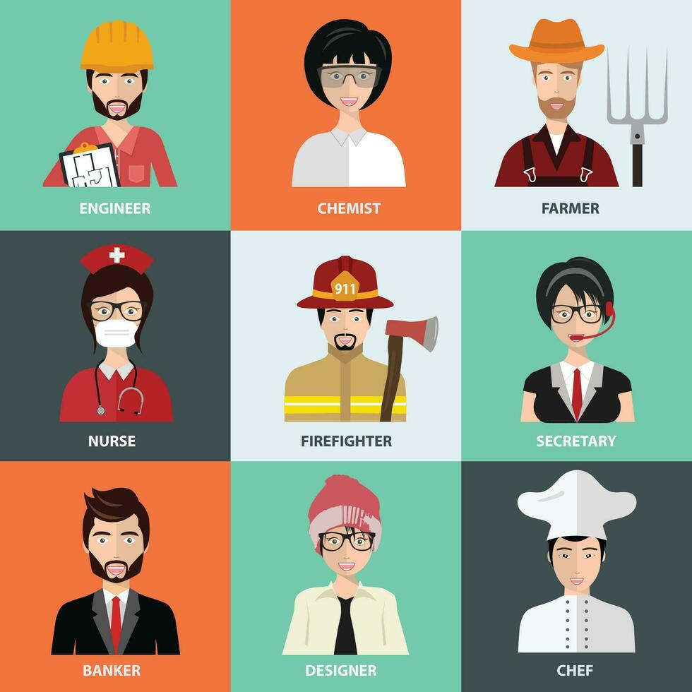 persone di diverso professioni, icone nel impostato collezione. lavoratore e specialista avatar. piatto vettore illustrazione