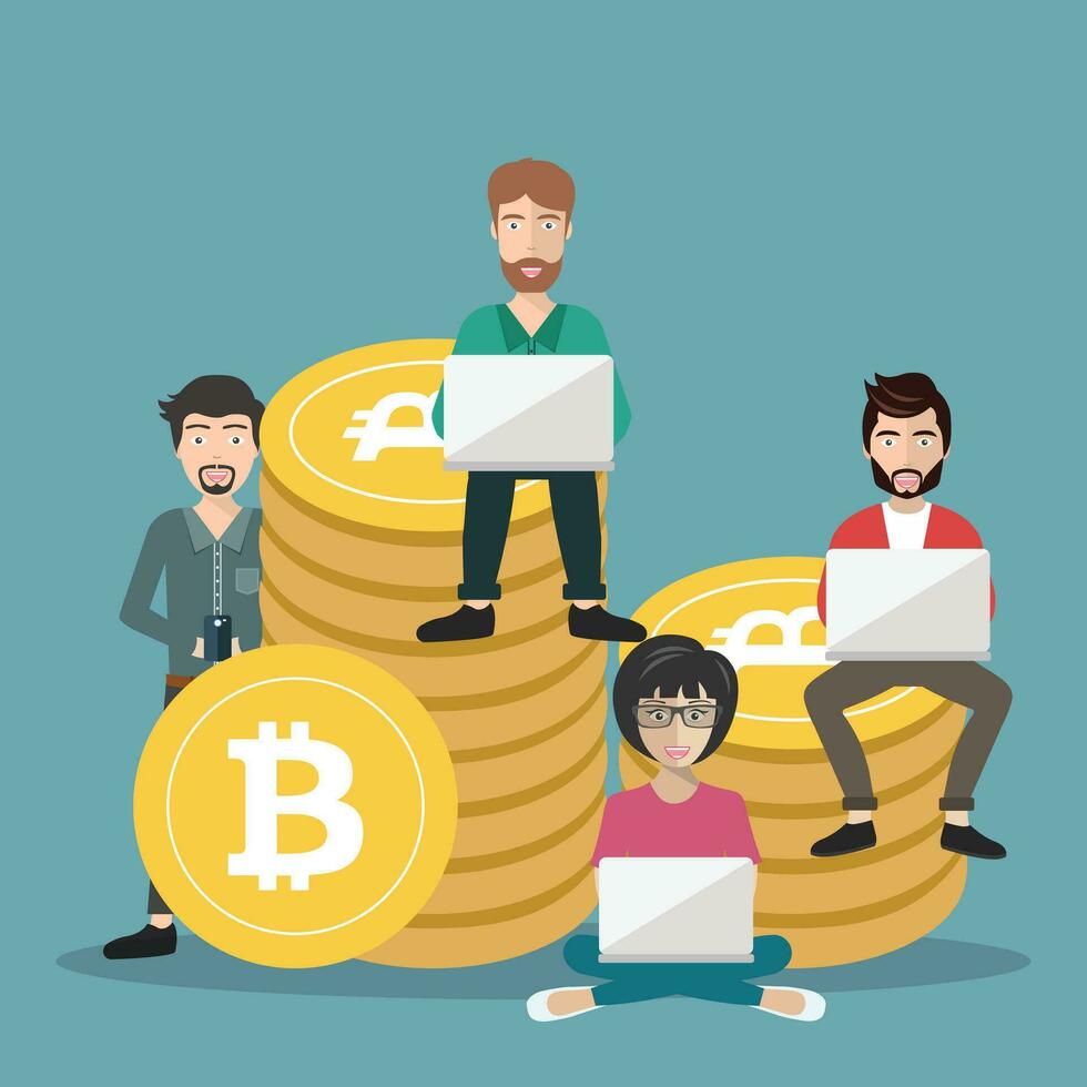 bitcoin concetto vettore illustrazione di giovane persone utilizzando il computer portatile e smartphone per in linea finanziamento e fabbricazione investimenti per bitcoin. nuovo tecnologia icona. piatto vettore illustrazione