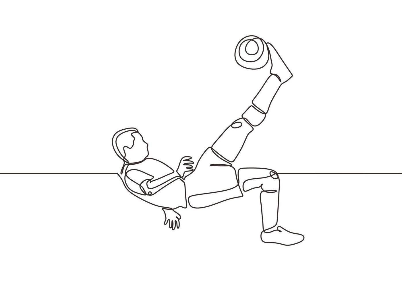 disegno continuo di un giocatore di football che salta e calcia vettore