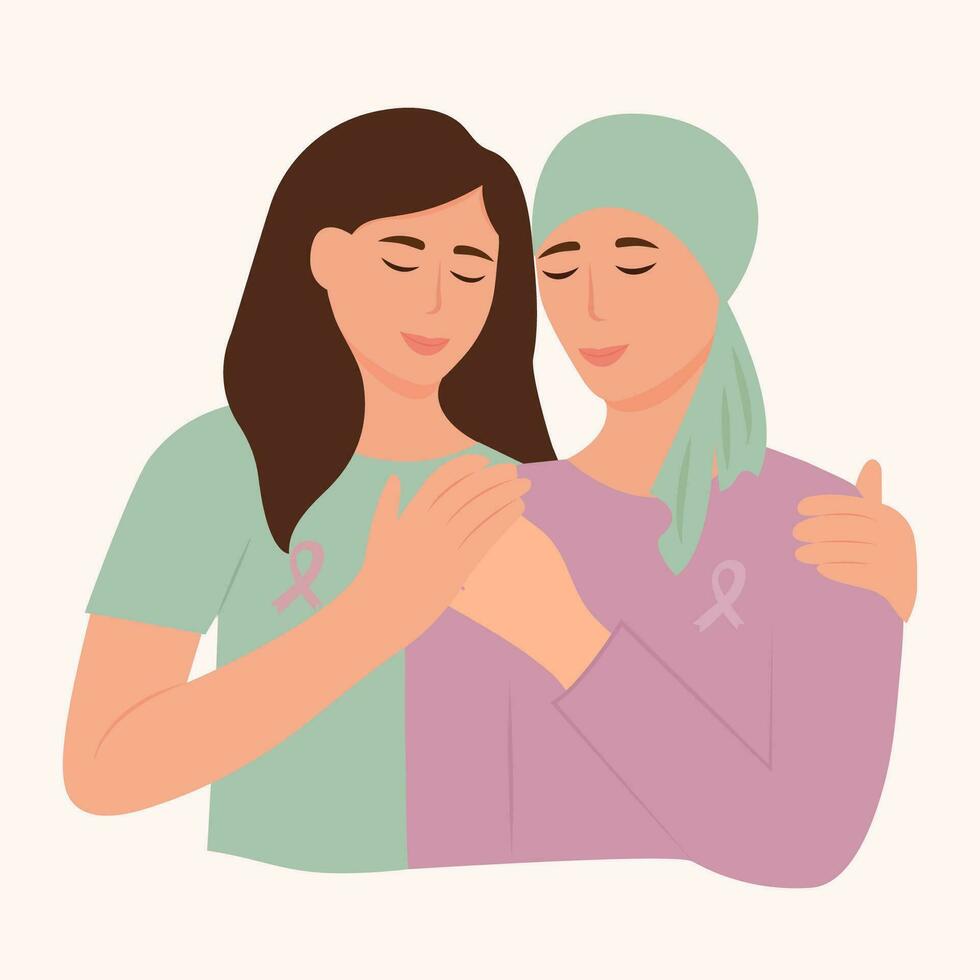 supporto e solidarietà con donne combattente oncologico patologia. il donna abbraccia il malato amico. vettore illustrazione