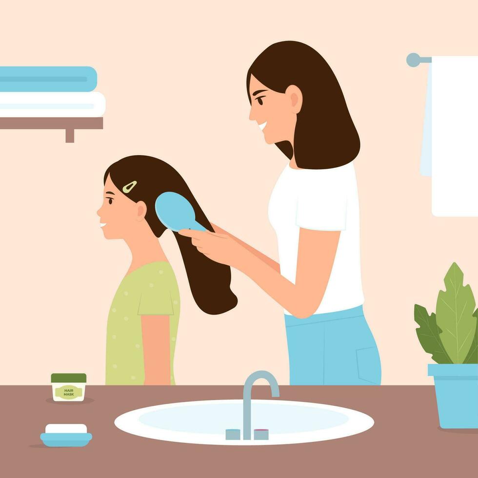 sorridente mamma pettinatura sua poco figlia capelli con un' spazzola nel bagno. donna Tenere pettine nel mano. quotidiano routine, terme, se stesso cura attività. vettore illustrazione