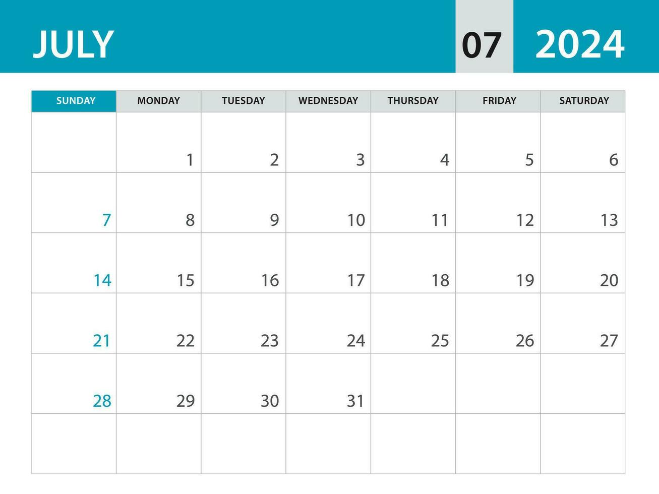 luglio 2024 modello - calendario 2024 modello vettore, progettista mensile disegno, scrivania calendario 2024, parete calendario disegno, minimo stile, annuncio, manifesto, stampa media, blu orizzontale disposizione vettore