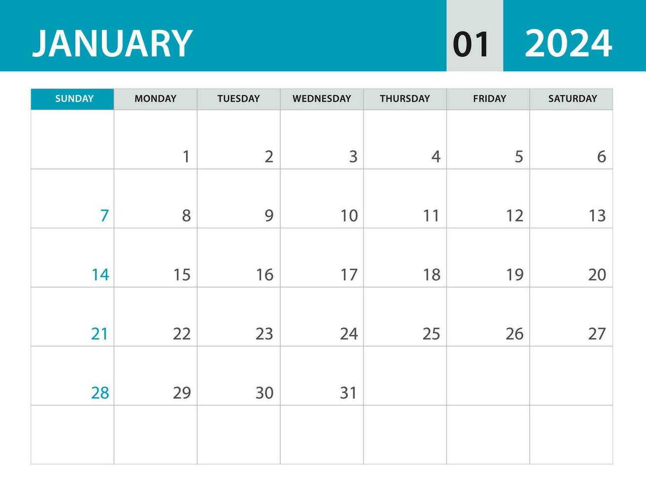 gennaio 2024 modello - calendario 2024 modello vettore, progettista mensile disegno, scrivania calendario 2024, parete calendario disegno, minimo stile, annuncio, manifesto, stampa media, blu orizzontale disposizione vettore