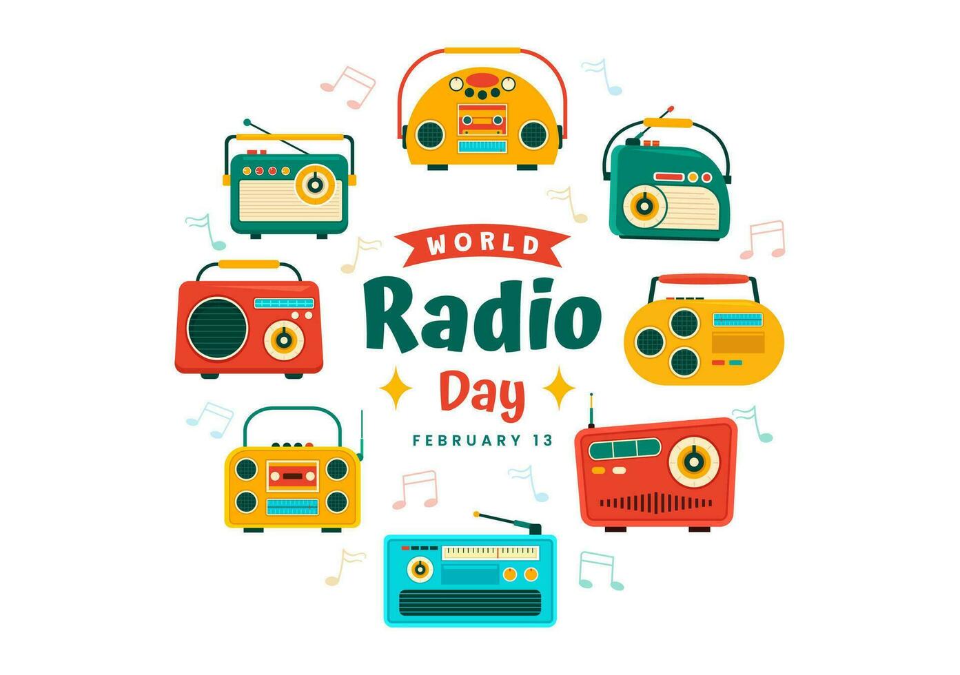 mondo Radio giorno vettore illustrazione su 13 febbraio per comunicazione media Usato e ascoltando pubblico nel piatto cartone animato sfondo design