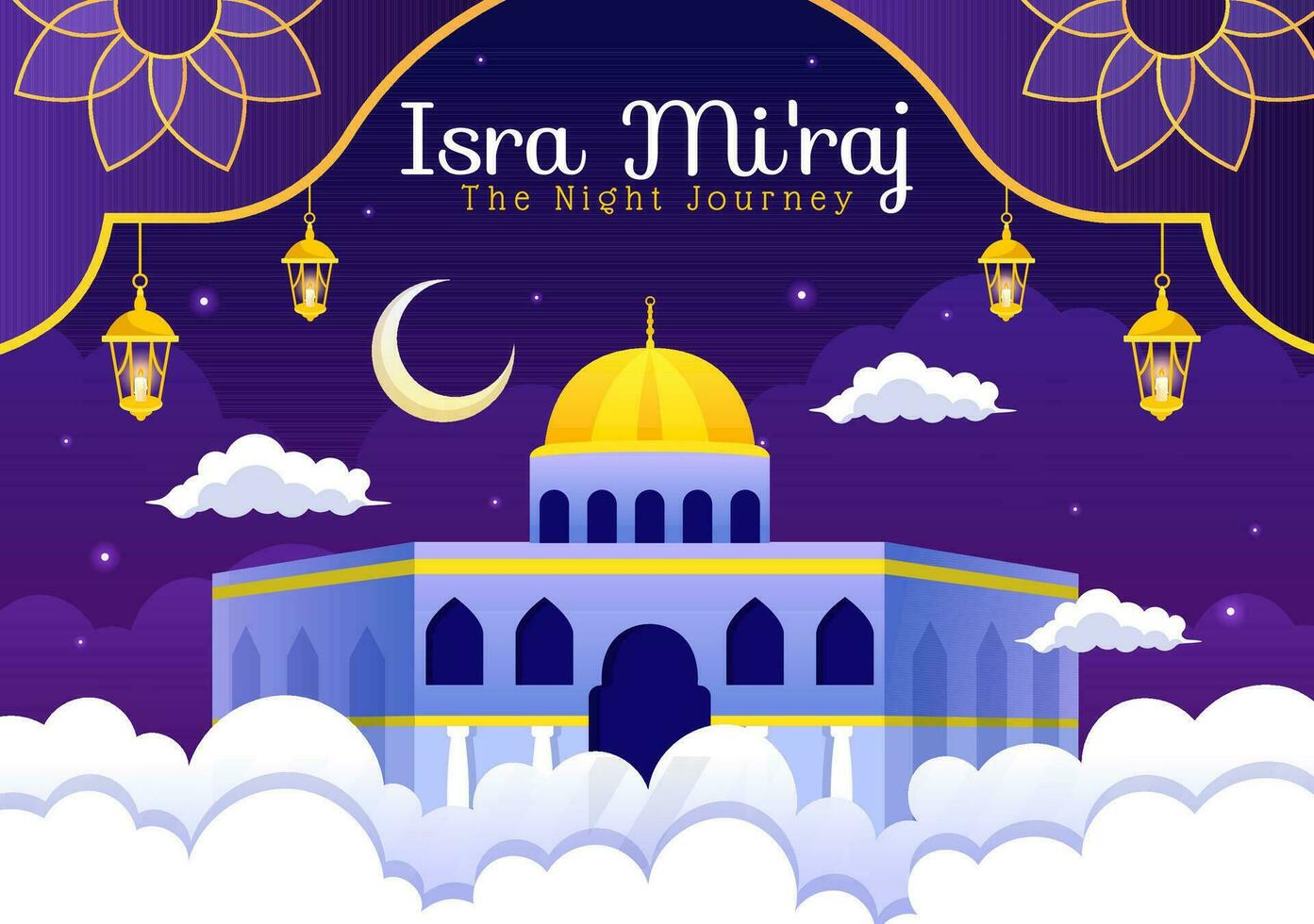 Isra mi'raj vettore illustrazione. traduzione il notte viaggio profeta Maometto. con moschea e lanterna nel islamico vacanza piatto cartone animato sfondo