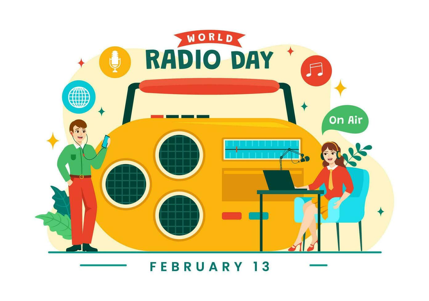 mondo Radio giorno vettore illustrazione su 13 febbraio per comunicazione media Usato e ascoltando pubblico nel piatto cartone animato sfondo design