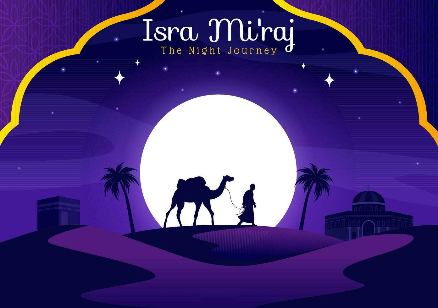 Isra mi'raj vettore illustrazione. traduzione il notte viaggio profeta Maometto. con moschea e lanterna nel islamico vacanza piatto cartone animato sfondo