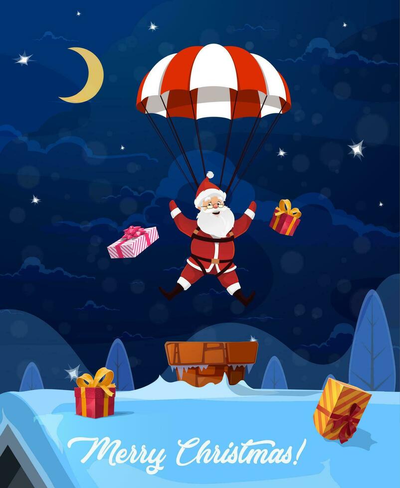 Natale Santa discende per tetto su un' paracadute. vettore