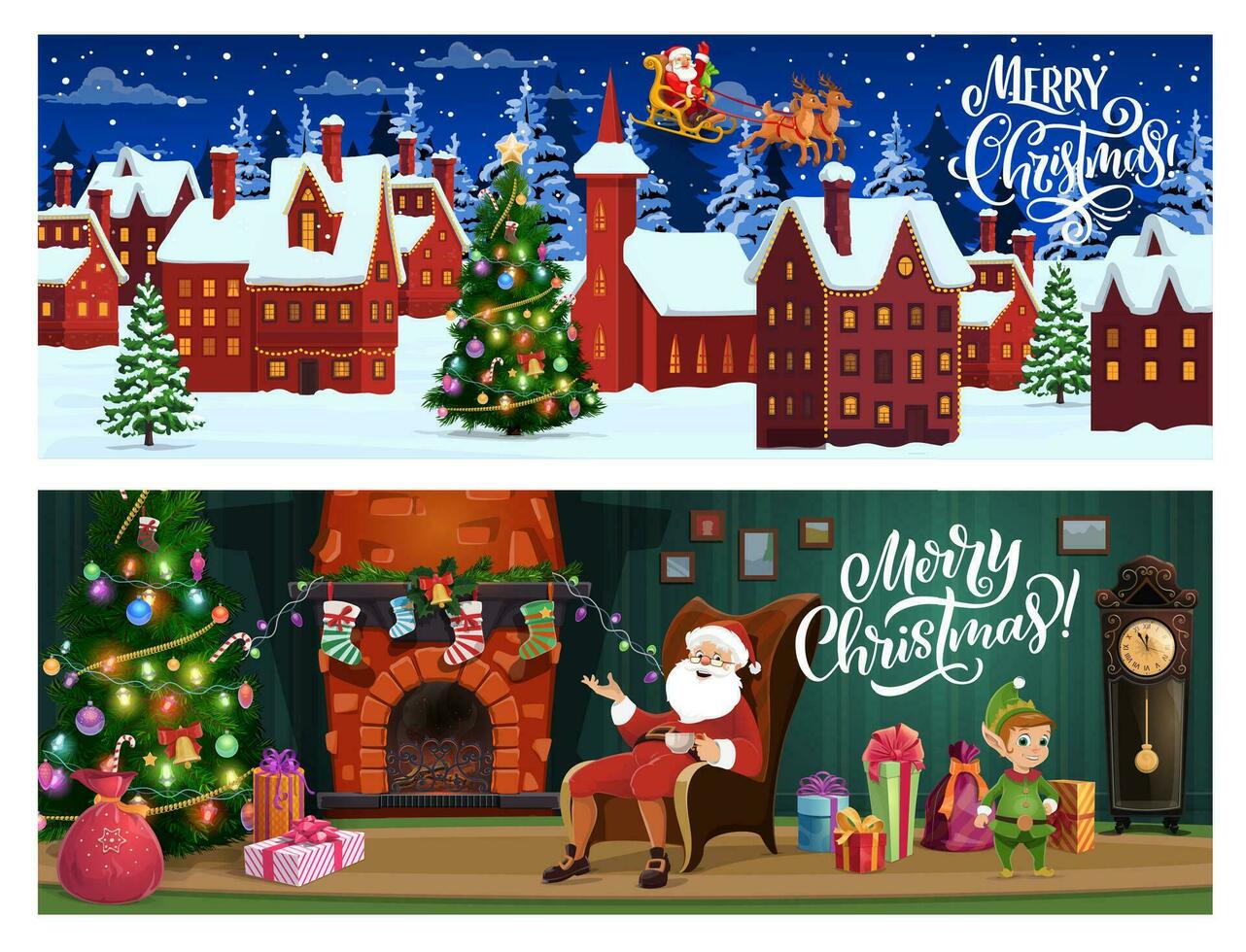 Natale banner con cartone animato Santa su slitta vettore