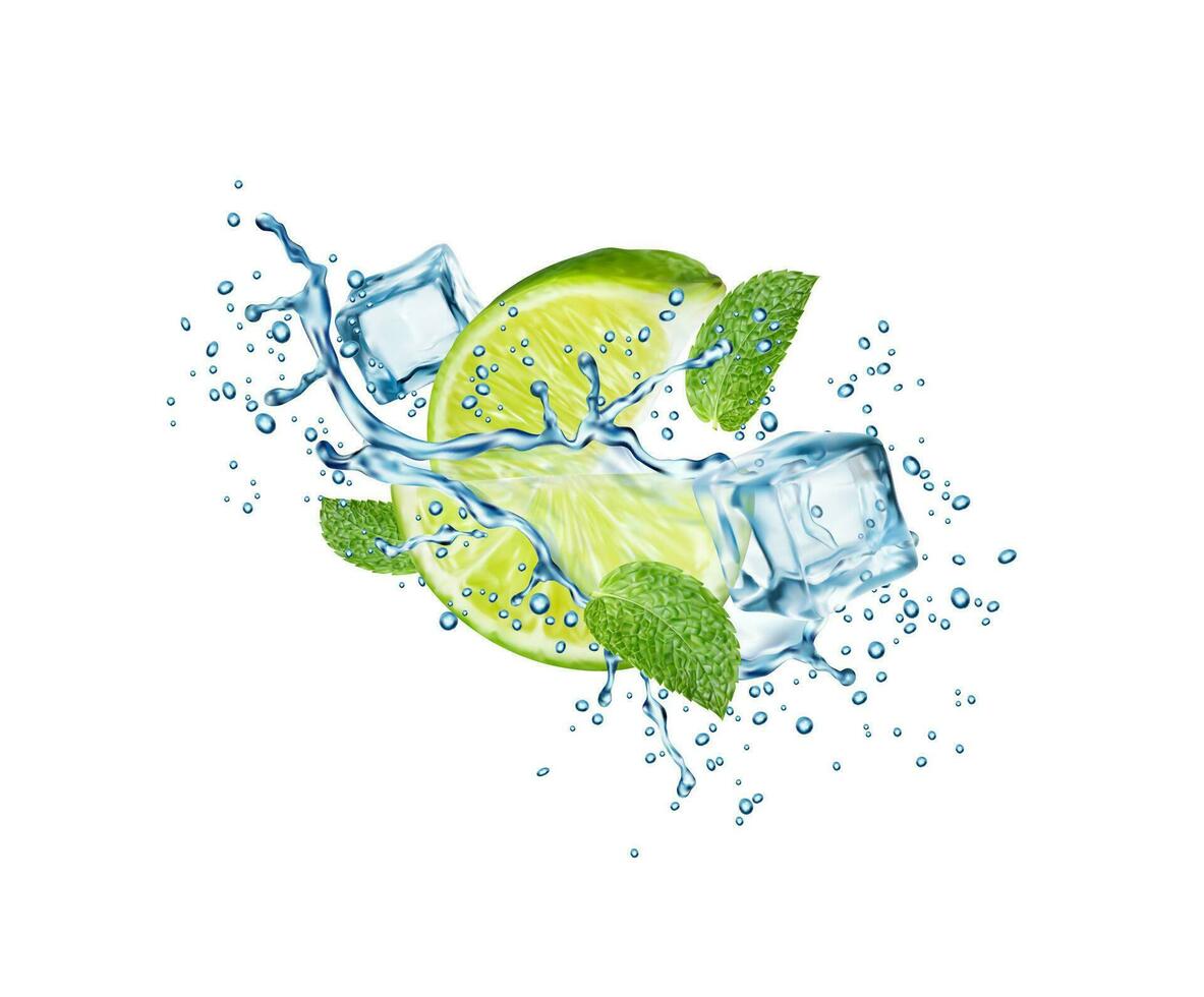 realistico Mojito bevanda spruzzo con lime frutta, ghiaccio vettore