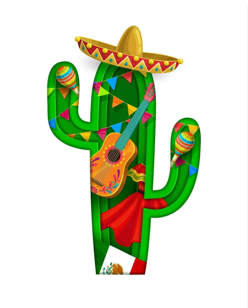 messicano carta tagliare cactus con sombrero, maracas vettore