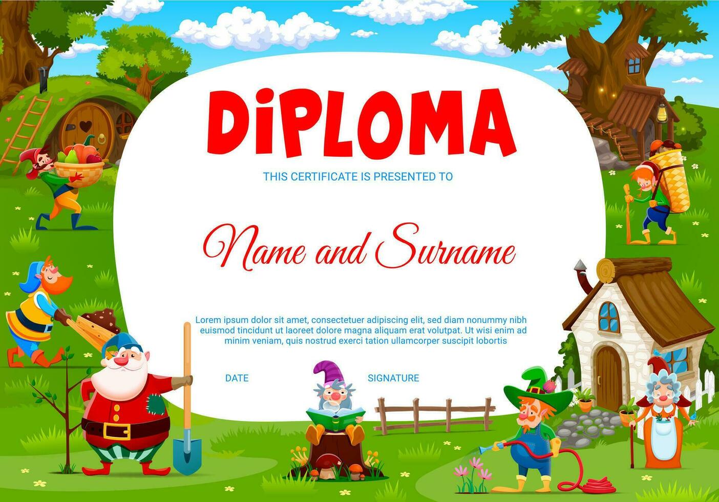 bambini diploma con cartone animato fiaba divertente gnomi vettore