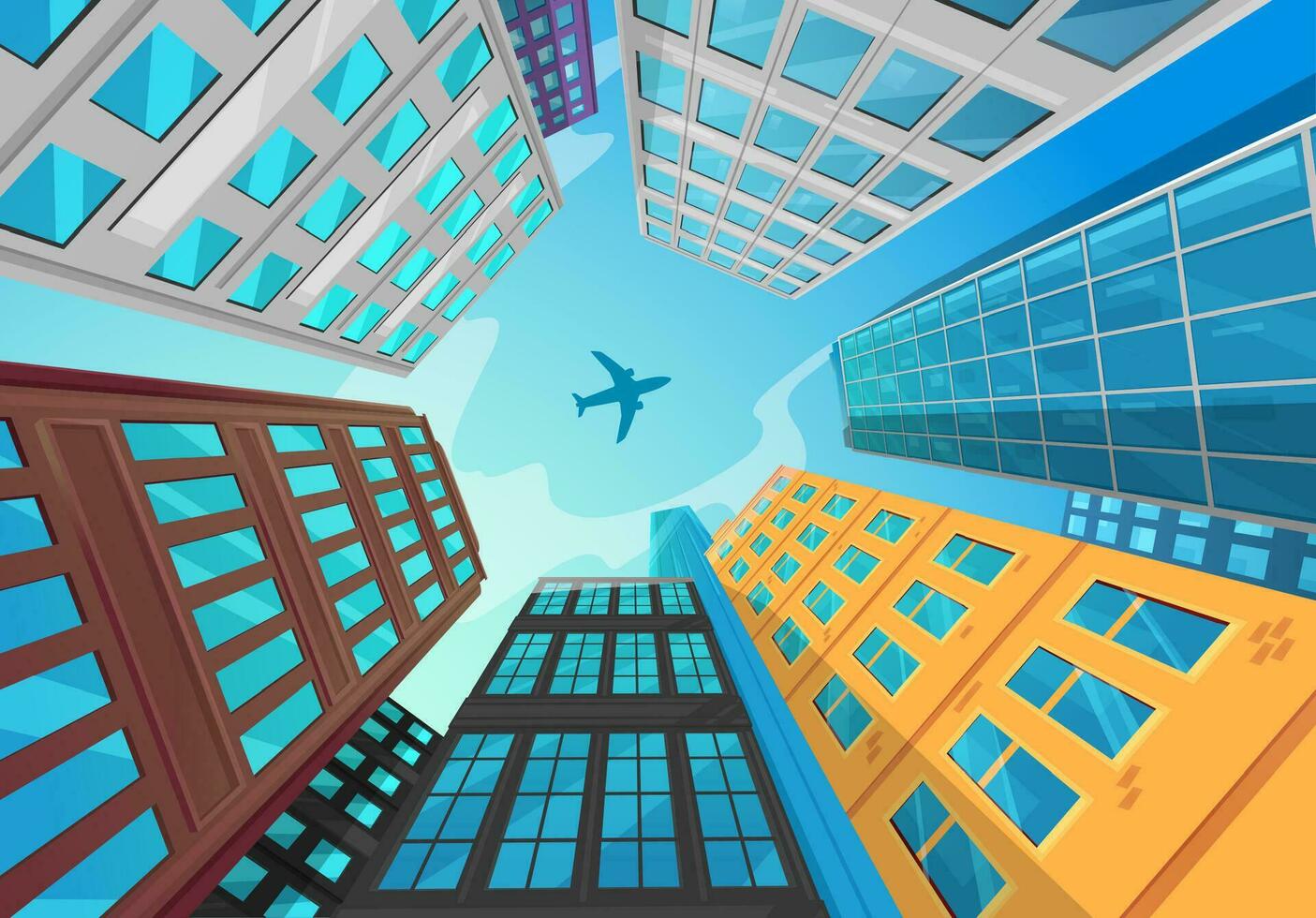 silhouette di aereo volante sopra città edifici vettore