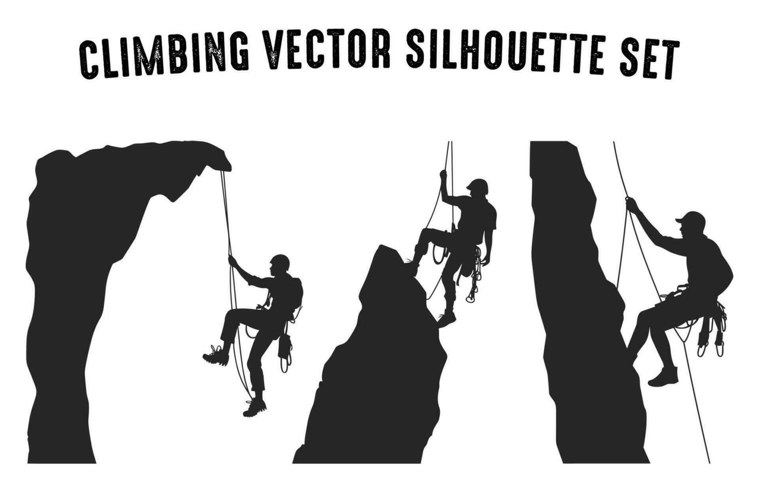 gratuito scalatore sagome vettore fascio, montagna arrampicata sagome nel diverso pose, roccia scalatore nero silhouette impostato