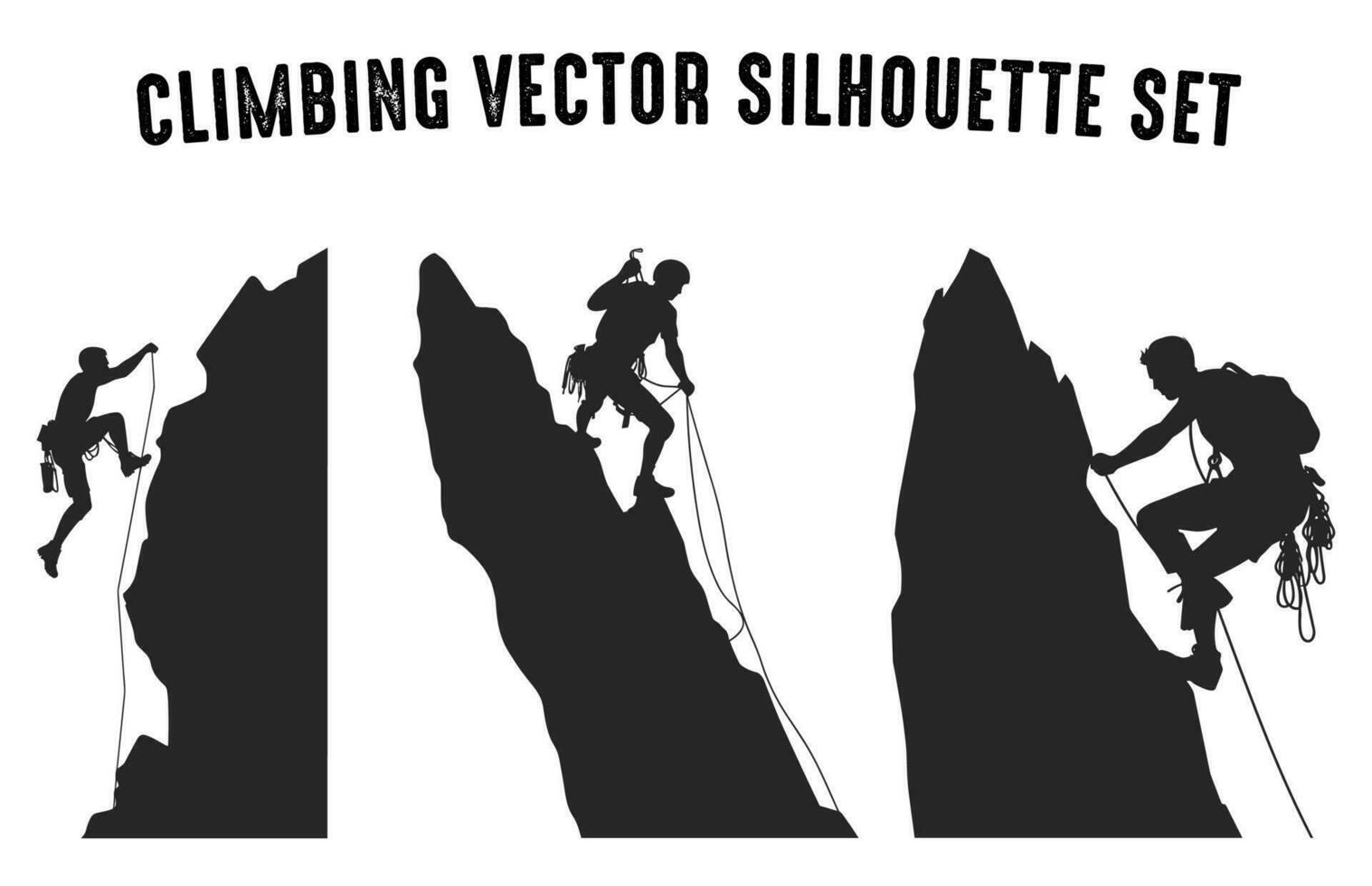 gratuito scalatore sagome vettore fascio, montagna arrampicata sagome nel diverso pose, roccia scalatore nero silhouette impostato
