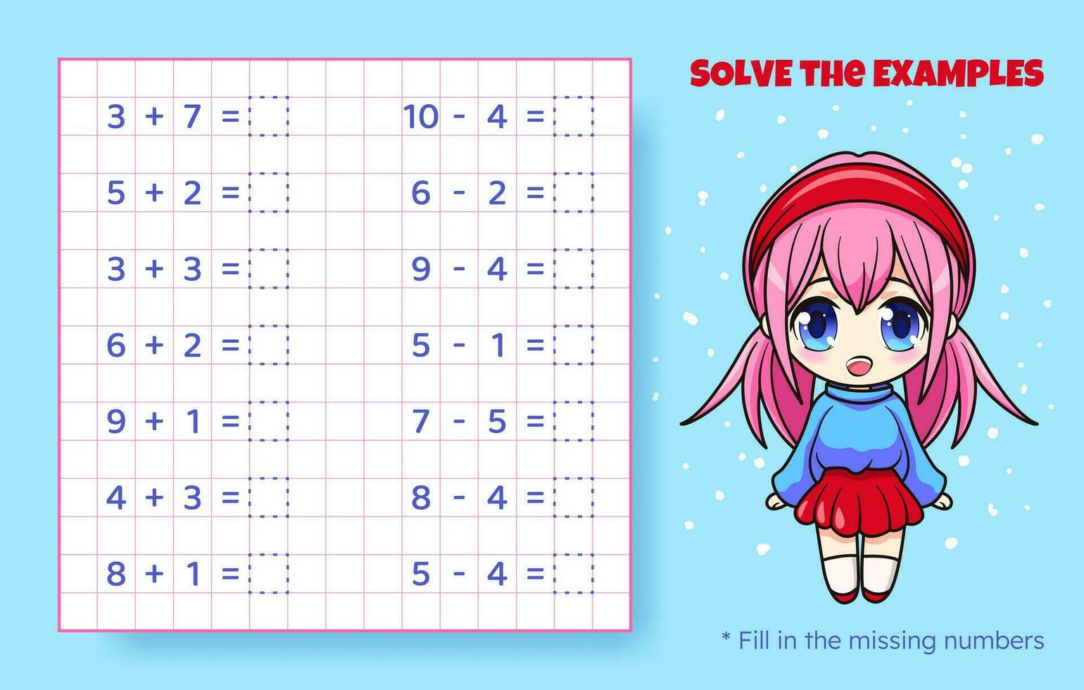 risolvere il esempi. aggiunta e sottrazione su per 10. matematico puzzle gioco. foglio di lavoro per prescolastico bambini. vettore illustrazione. cartone animato educativo gioco con carino anime ragazza per bambini.