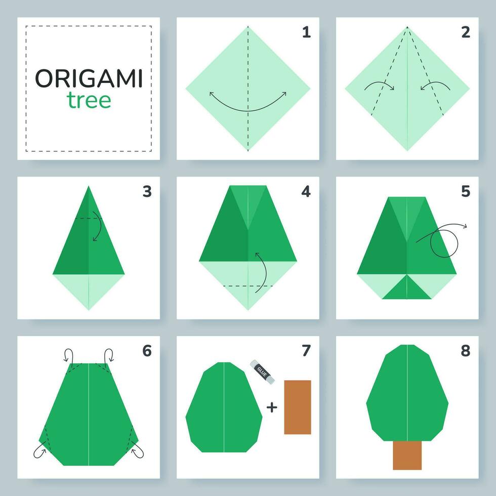 albero origami schema lezione in movimento modello. origami per bambini. passo di passo Come per rendere un' carino origami quercia albero. vettore illustrazione.