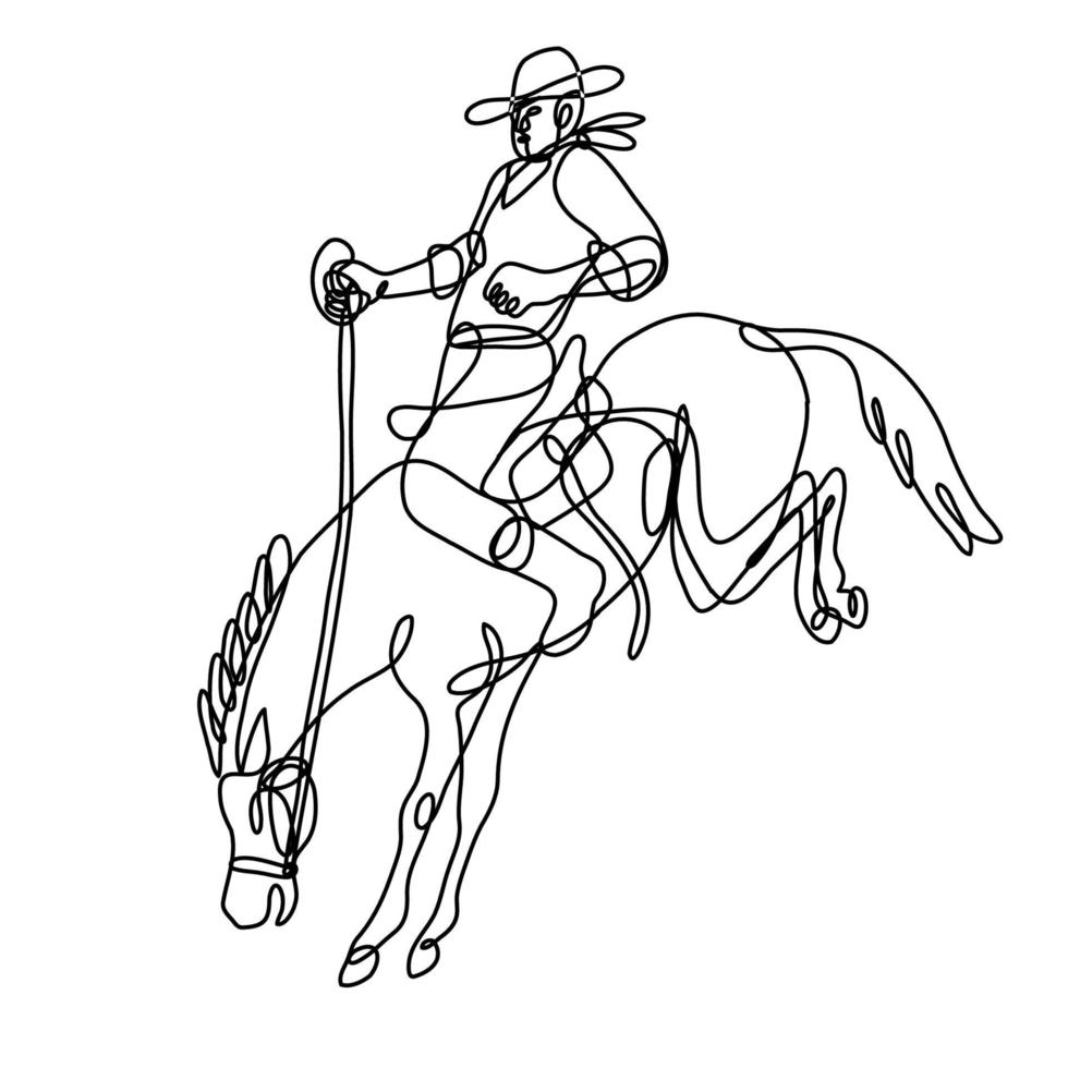 rodeo cowboy a cavallo contro il bronco vista laterale disegno a linea continua vettore