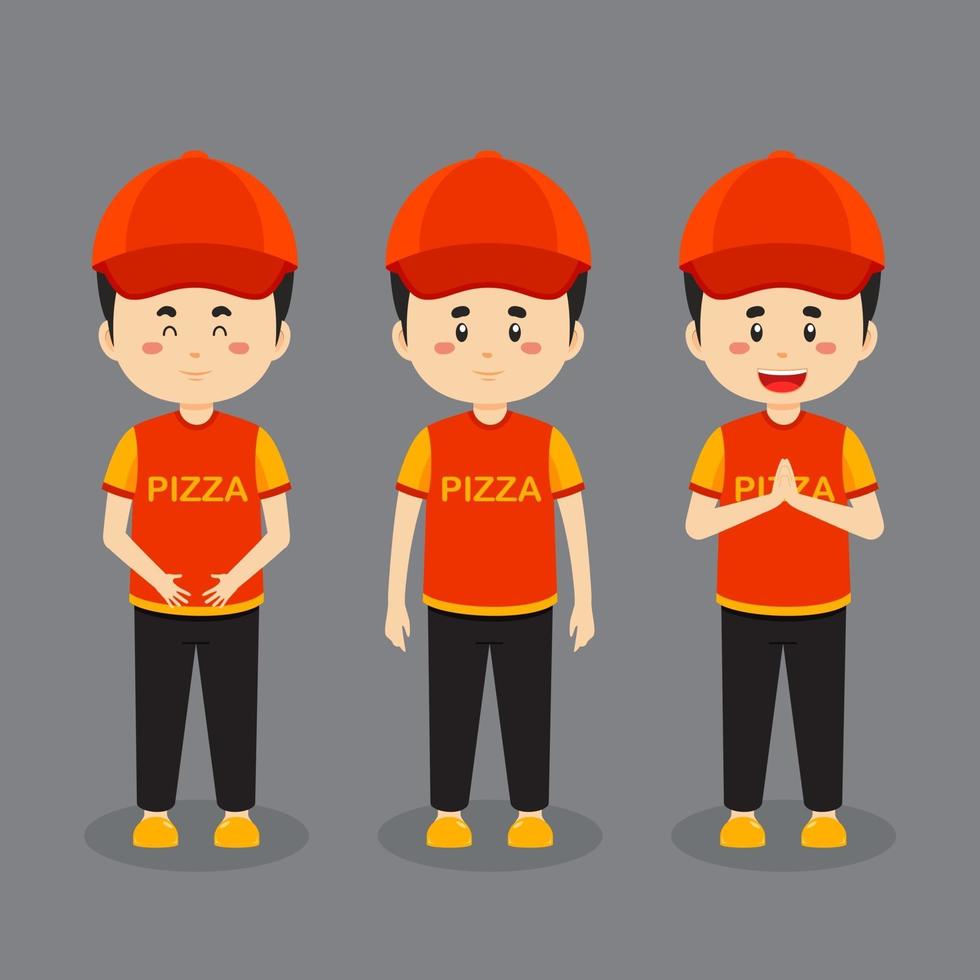 personaggio di consegna della pizza con varie espressioni vettore
