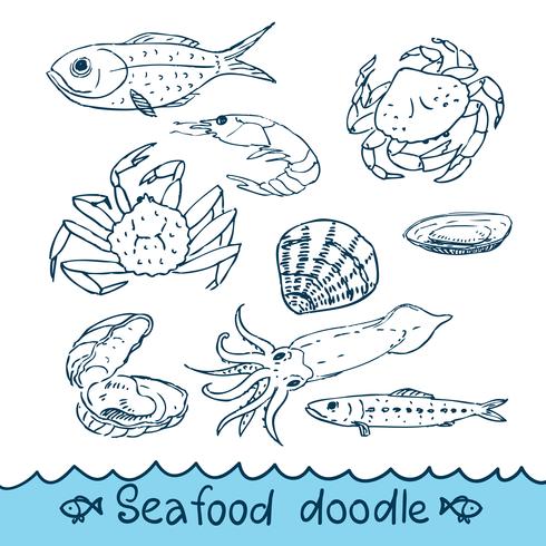 Frutti di mare, dipinti nello stile del doodle, schizzo, Scribble. vettore