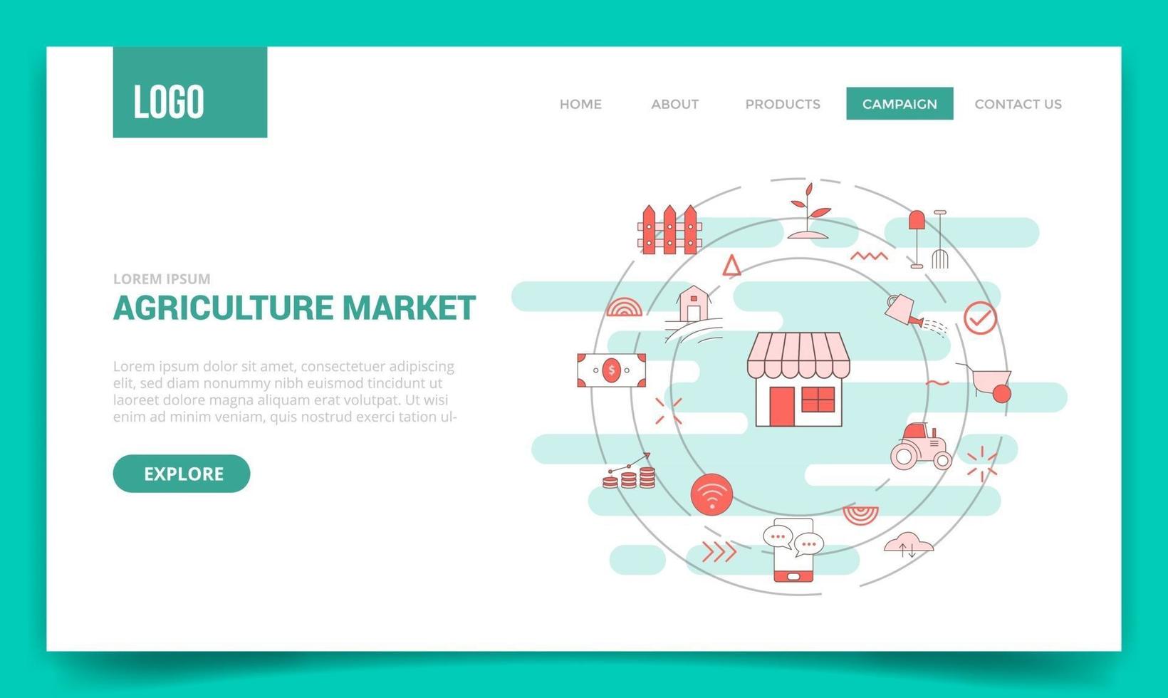 concetto di mercato agricolo con icona circolare per modello di sito web vettore
