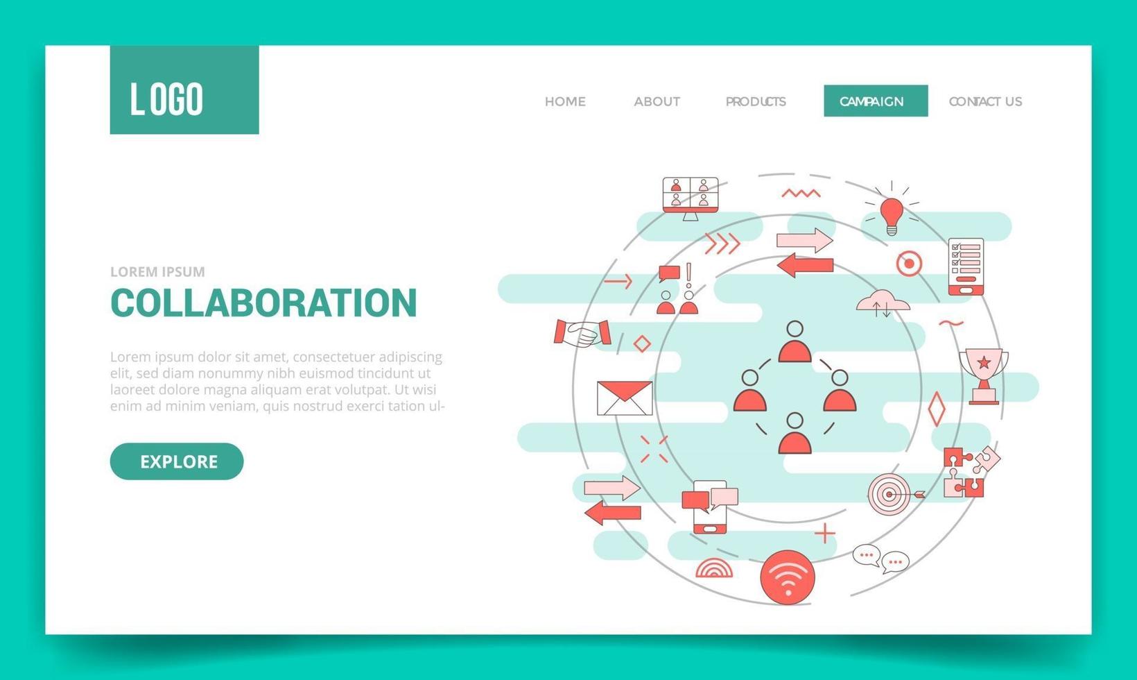 concetto di collaborazione con l'icona del cerchio per il modello di sito web vettore