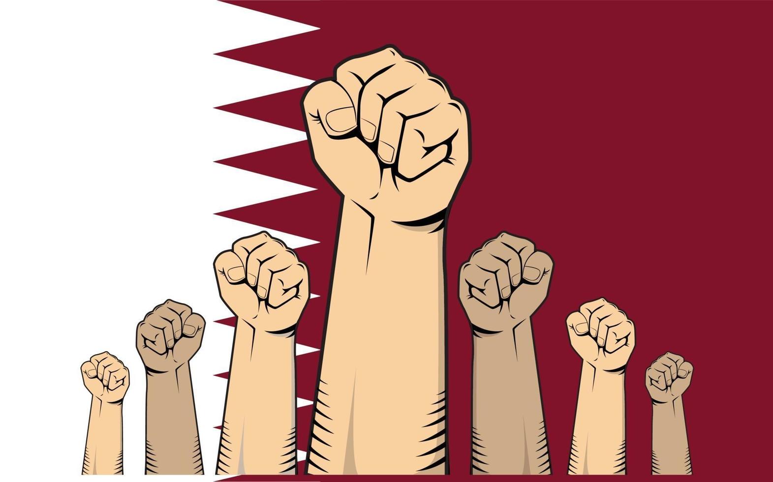 protesta del qatar con il pugno della mano con la bandiera del qatar come sfondo vettore