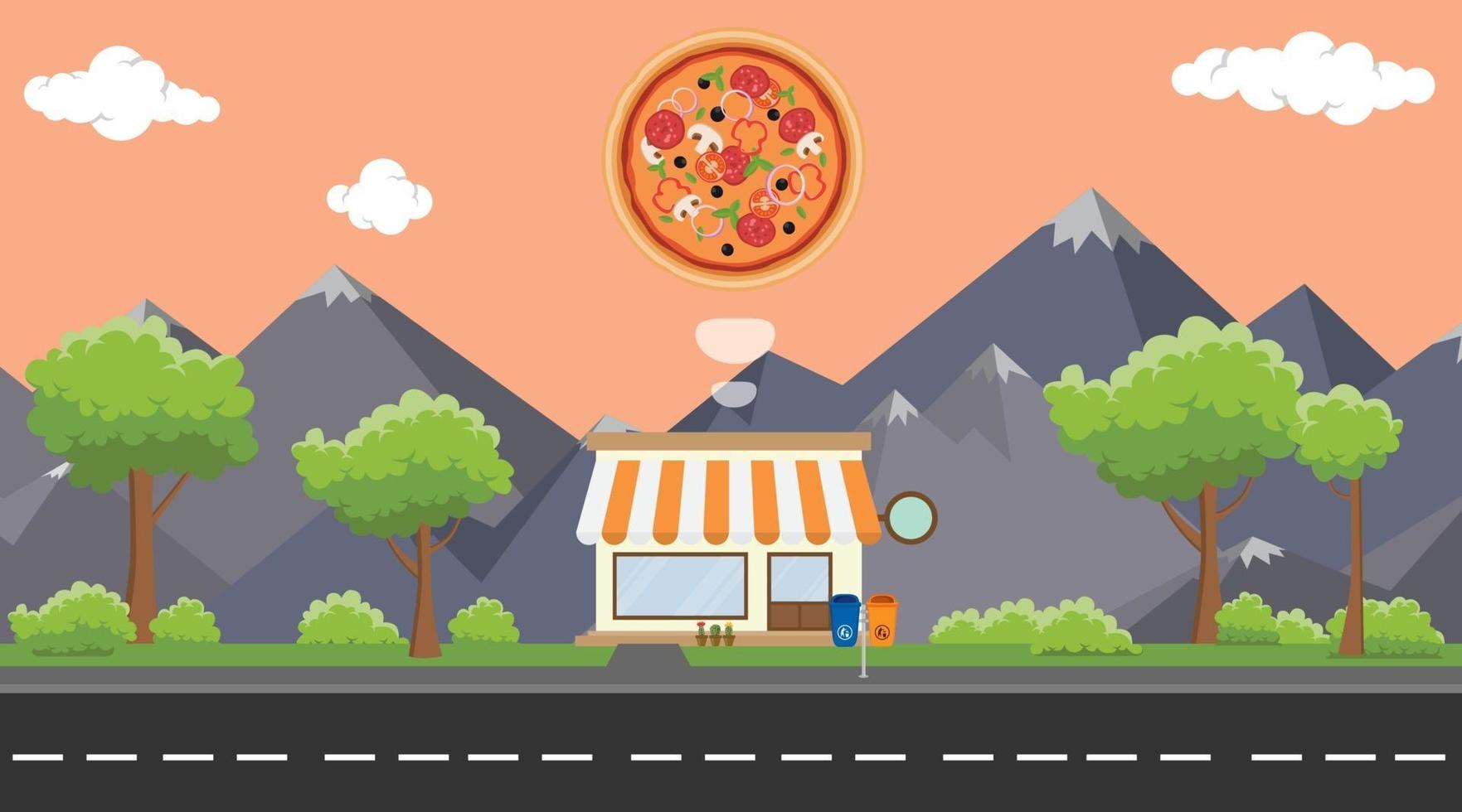 negozio di alimentari pizza sul marciapiede con albero e montagna come sfondo vettore