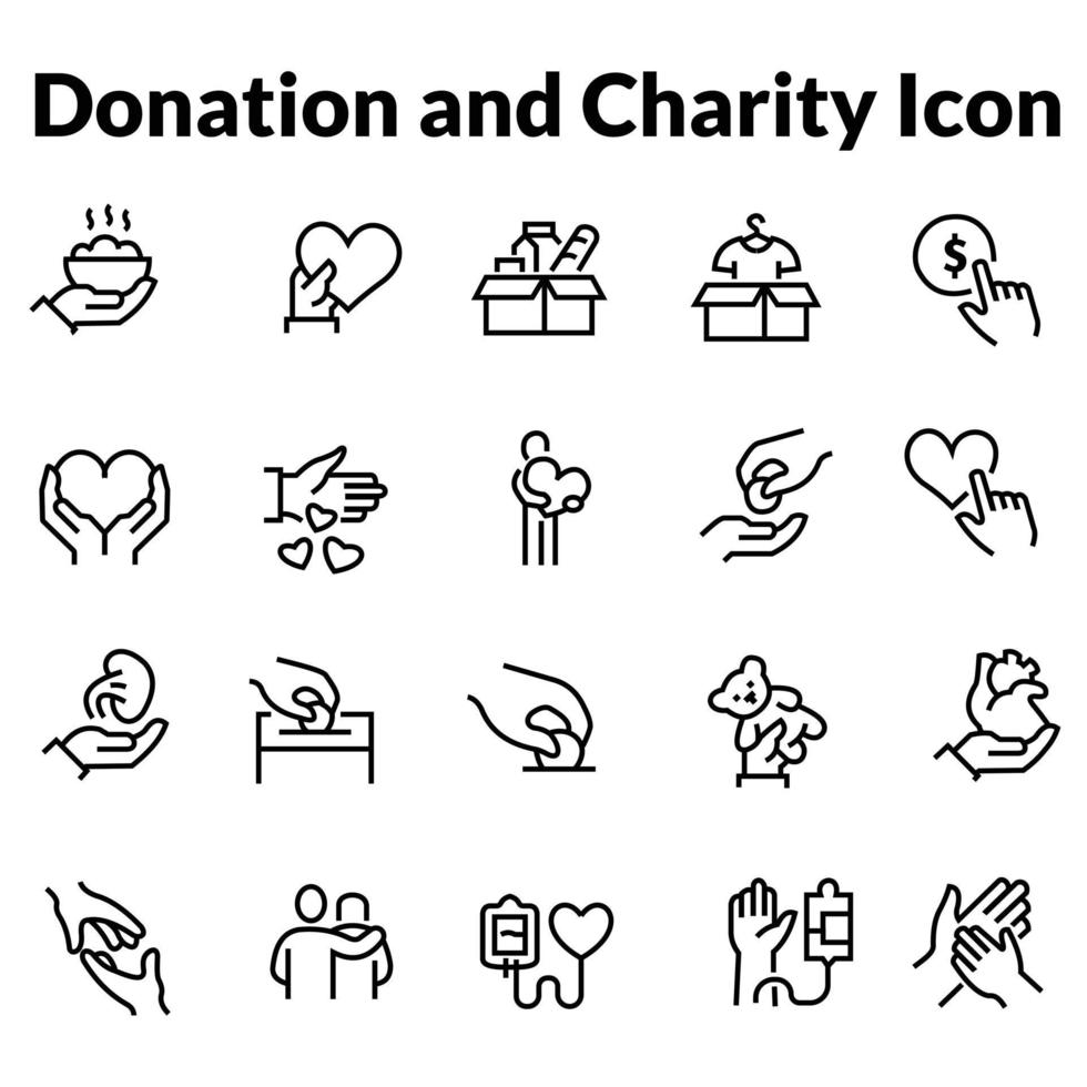 semplice set di donazioni e icone di linee vettoriali relative alla beneficenza