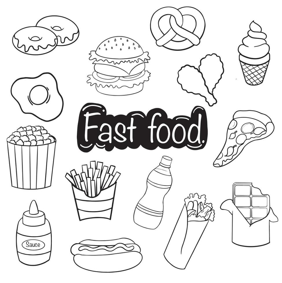 impostato di veloce cibo scarabocchi su bianca sfondo. vettore illustrazione.