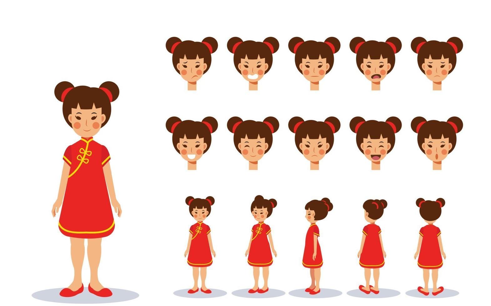 bambina in costume cinese rosso con vari punti di vista. vettore