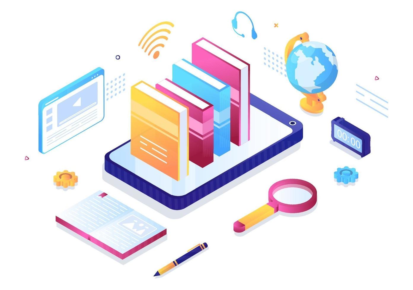 educazione digitale della biblioteca online con illustrazione di apprendimento a distanza vettore