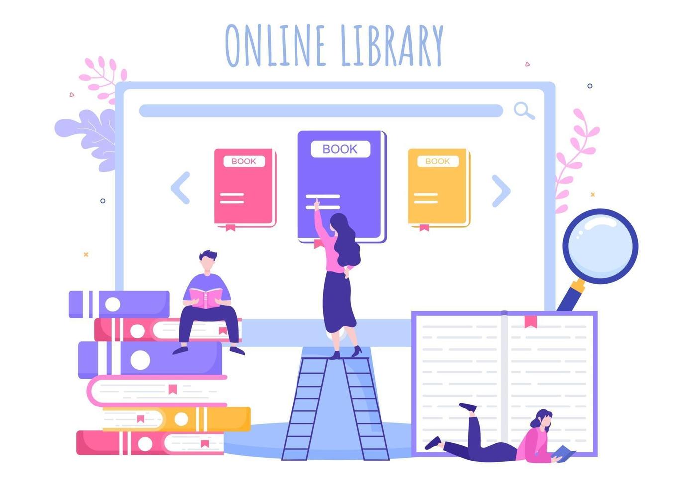 educazione digitale della biblioteca online con illustrazione di apprendimento a distanza vettore