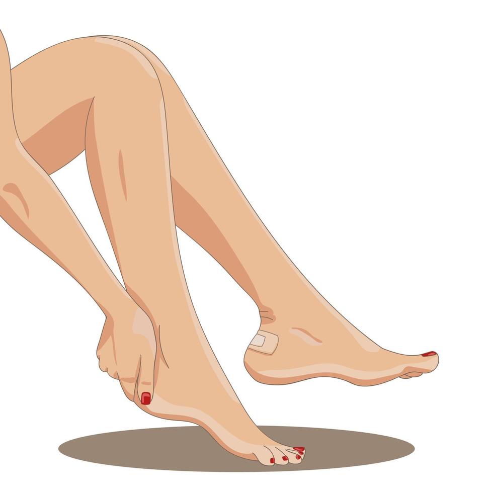 gambe femminili nude con cerotto applicato su un tallone vettore