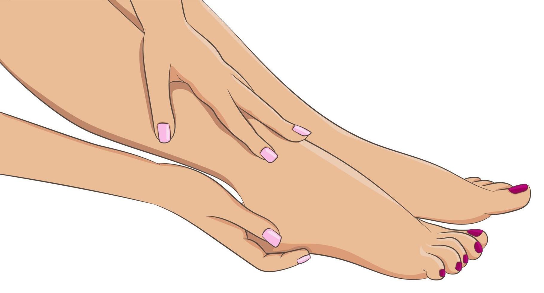 gambe femminili a piedi nudi, vista laterale. mani di donna che fanno massaggio ai piedi vettore