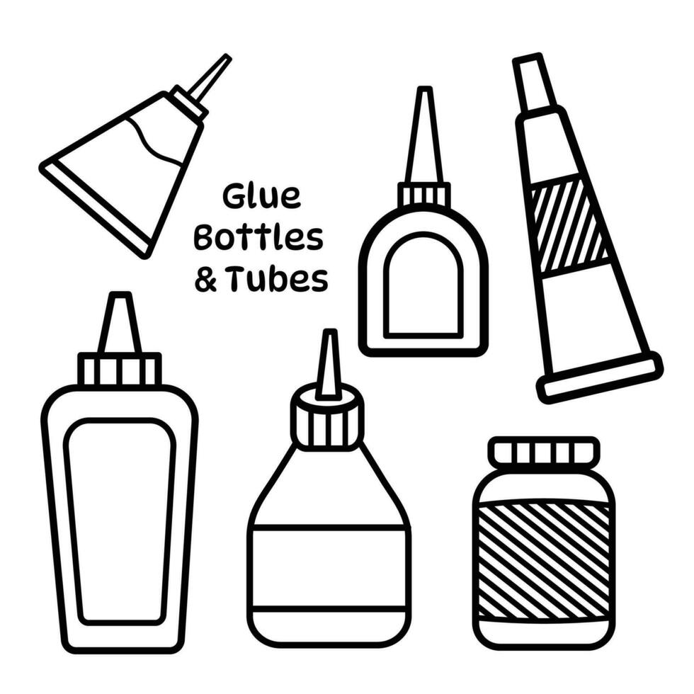 colla plastica bottiglie e tubo confezione vettore icona illustrazione schema isolato su piazza bianca sfondo. semplice piatto cartone animato minimalista arte styled disegno.