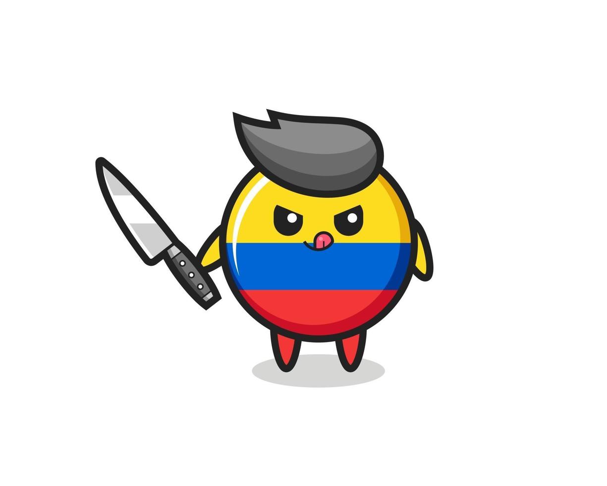simpatica mascotte del distintivo della bandiera della colombia come psicopatico con in mano un coltello vettore