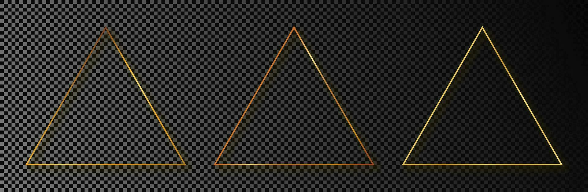 impostato di tre oro raggiante triangolo montatura isolato su buio sfondo. brillante telaio con raggiante effetti. vettore illustrazione.