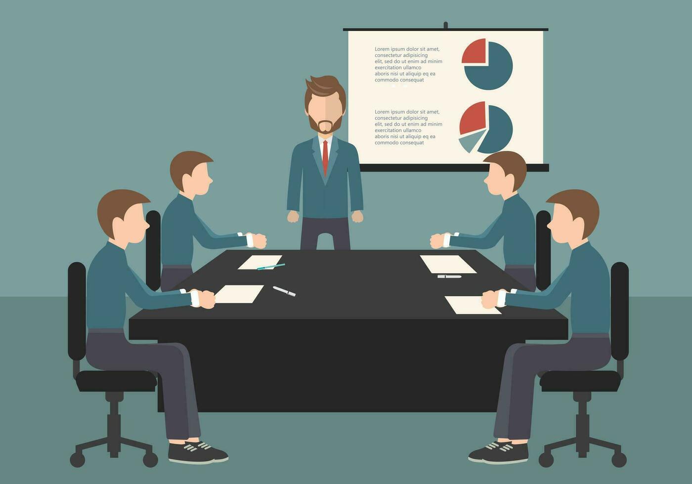 riunione di lavoro, presentazione o conferenza in ufficio. uomini d'affari che discutono del concetto di piani aziendali. illustrazione vettoriale piatta