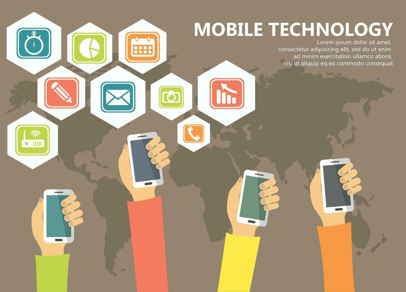 mobile tecnologia e applicazioni concetto. mani con telefoni e applicazione icone. piatto vettore illustrazione.