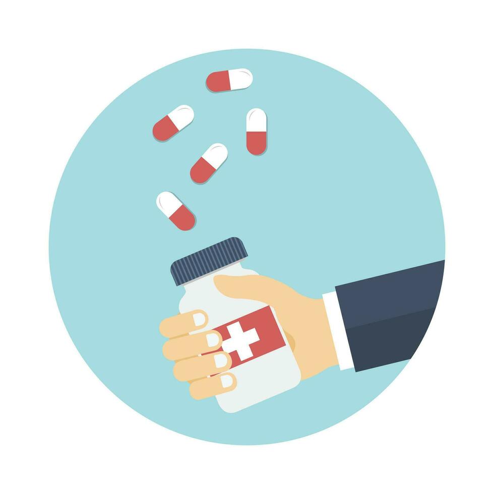 assunzione pillole. medicinali nel mano. malattia trattamento concetto. vettore illustrazione