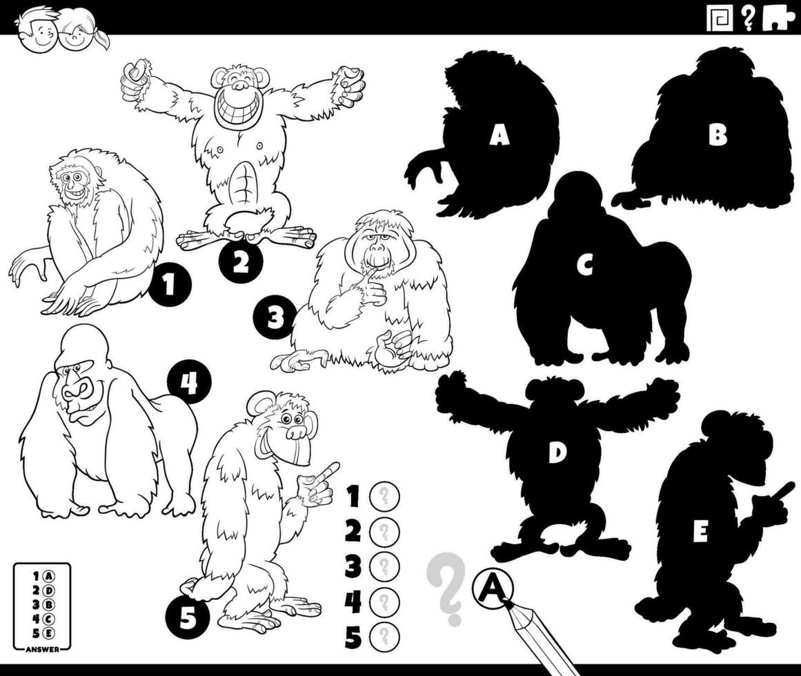 ombre gioco con cartone animato scimmie personaggi colorazione pagina vettore