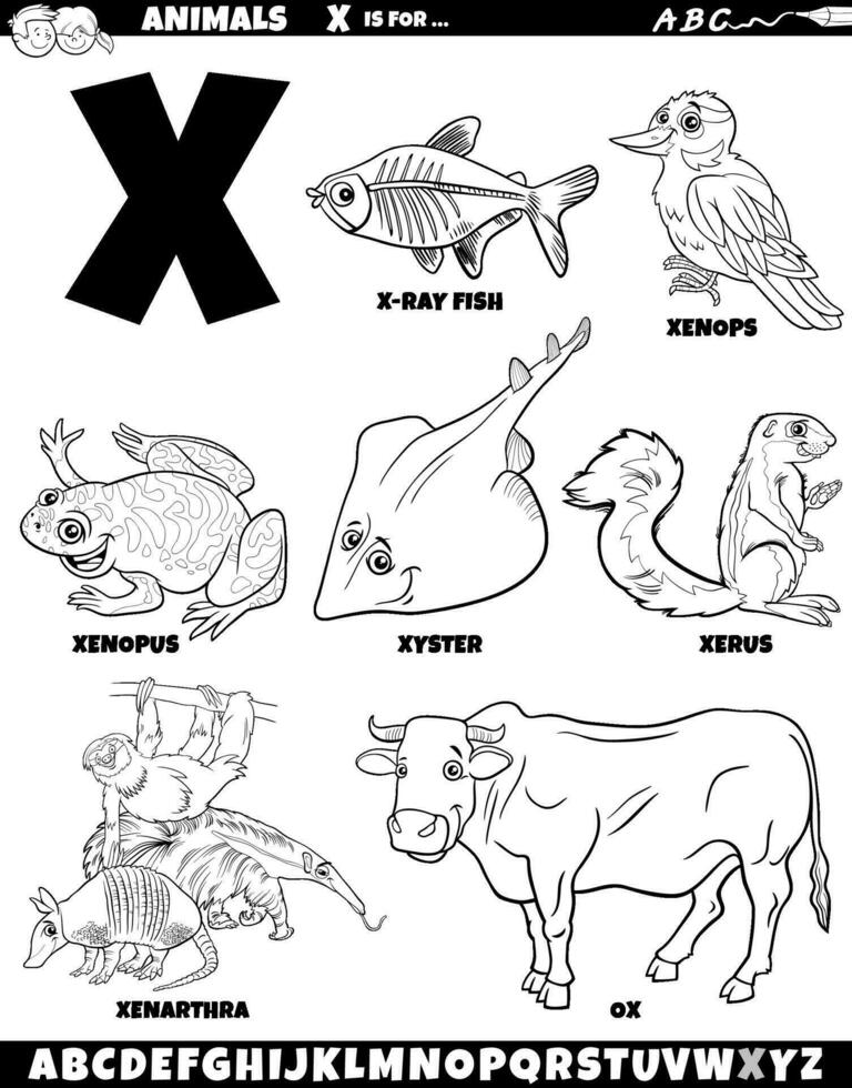cartone animato animale personaggi per lettera X impostato colorazione pagina vettore