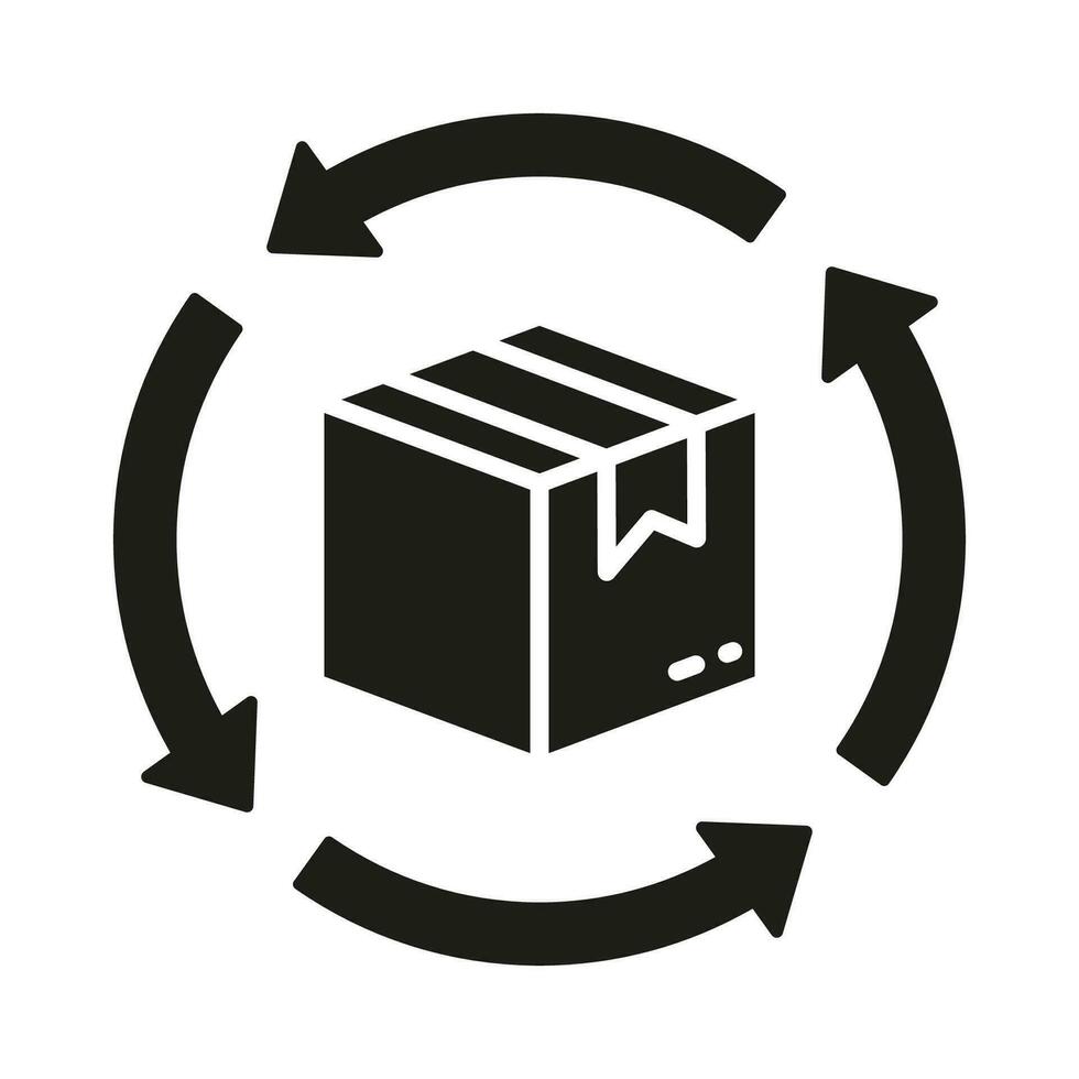 pacco ritorno silhouette icona. consegna scatola con cerchio frecce glifo pittogramma. spedizione ordine pacchetto solido cartello. rimborso cartone confezione simbolo. isolato vettore illustrazione.
