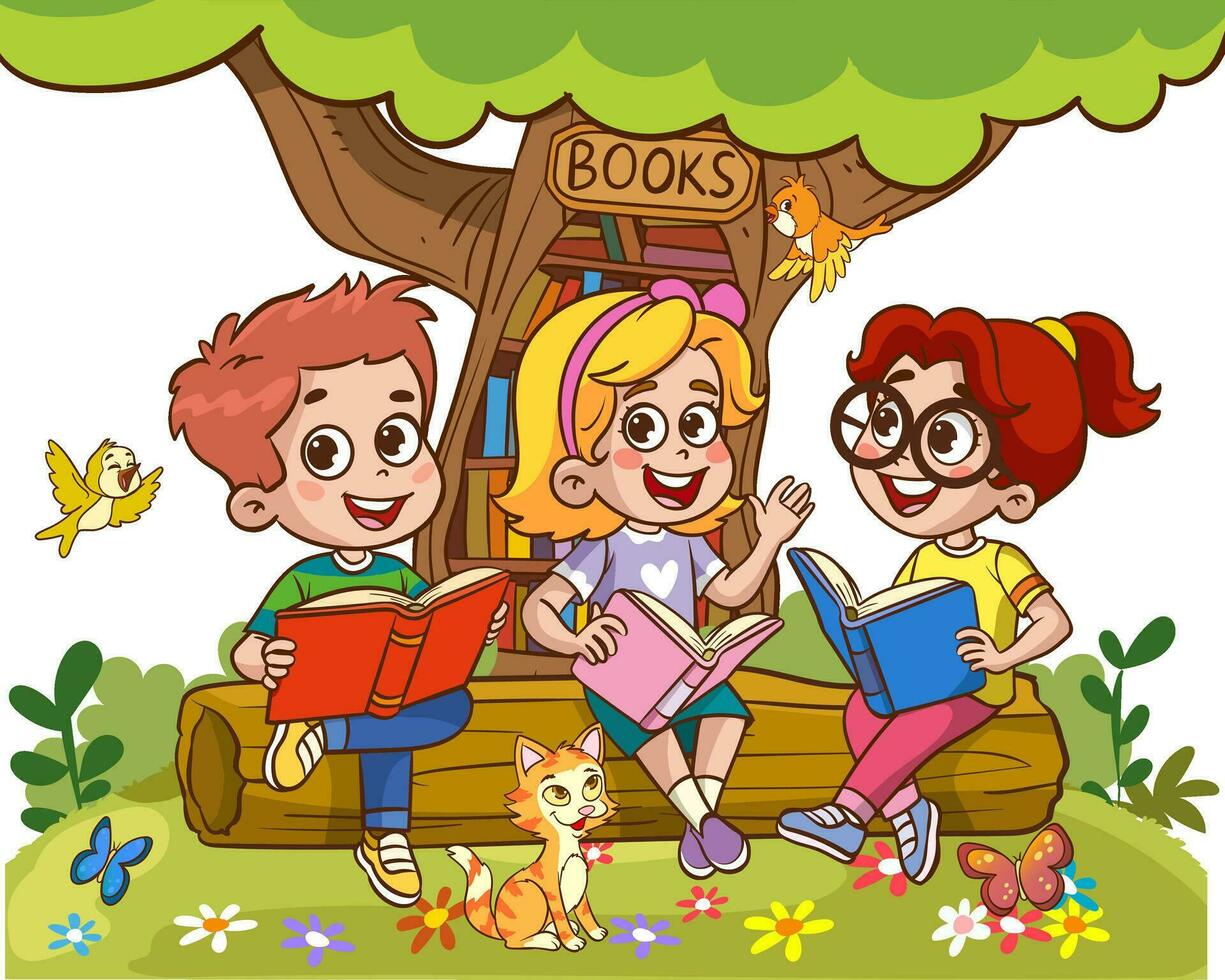 libro lettore, carino bosco vita e indietro per scuola di classe vettore scene.books giorno, all'aperto biblioteca per inteligente animali e bambini.