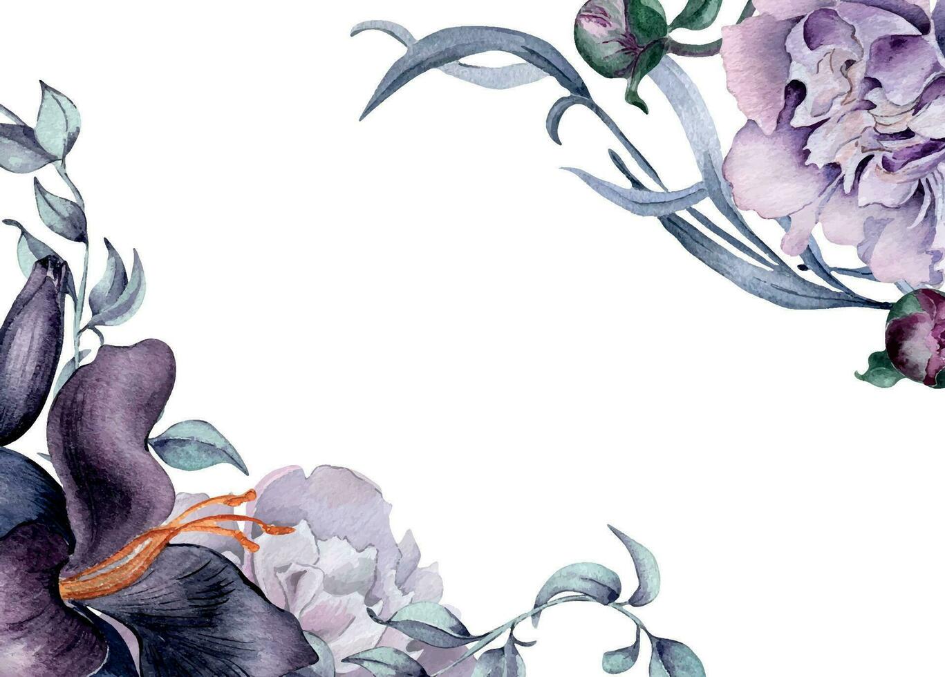 acquerello tavola di viola rosa giglio fiori isolato su bianca. Gotico floreale peonia fogliame illustrazione mano disegnato. Gotico nozze decorazione nel Vintage ▾ stile. elemento per invito, pacchetto vettore